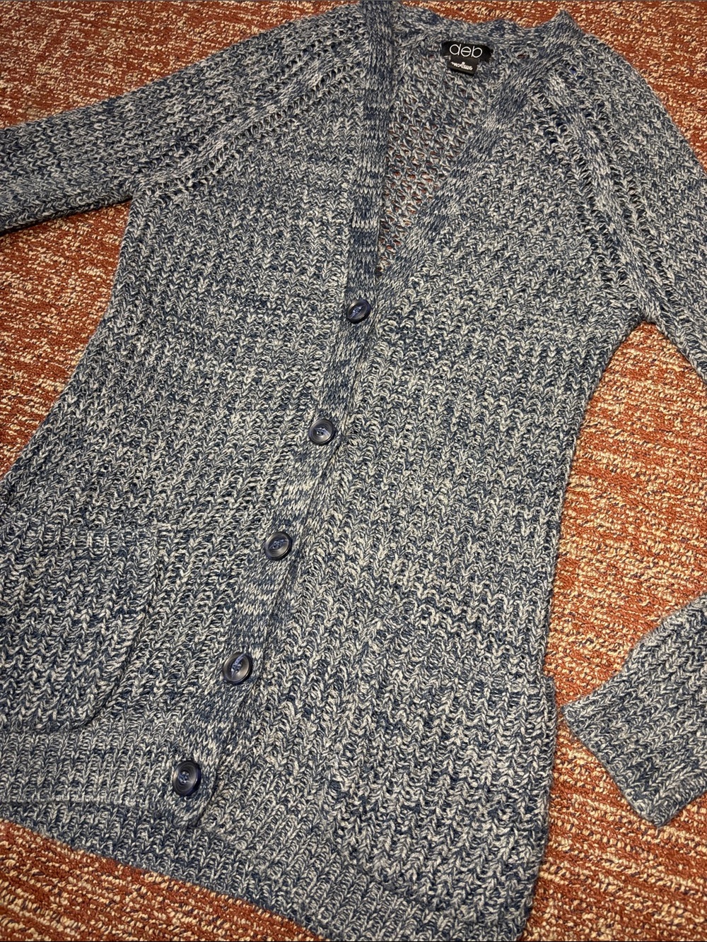 Vintage Y2K chunky cable knit soft cardigan button front blue cozy sweater S
